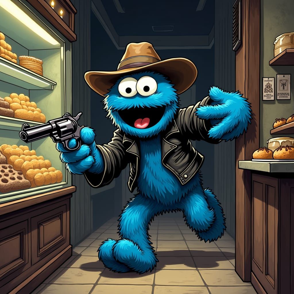 Cookie Monster robbing a bakery at gun point
