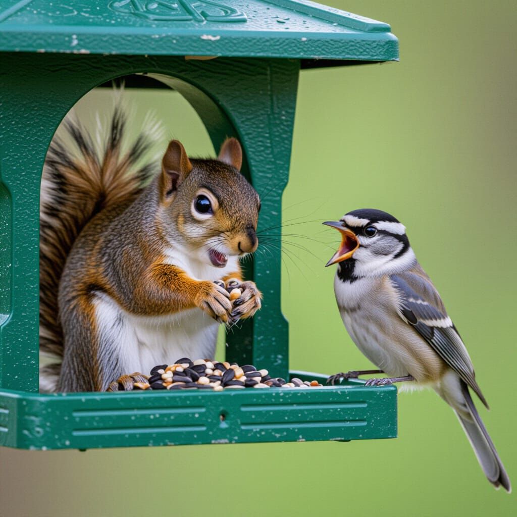 Squirrel Thief Provokes Bird's Fury at Feeder