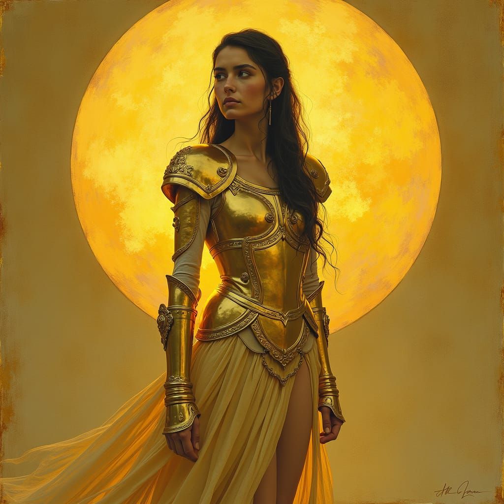 Golden Armored Woman in Illustration Style
