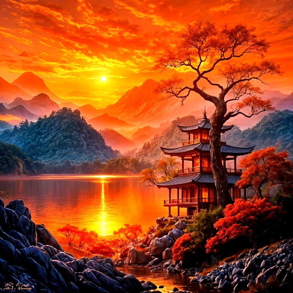Fantasy River Sunset with Japanese House and Castle