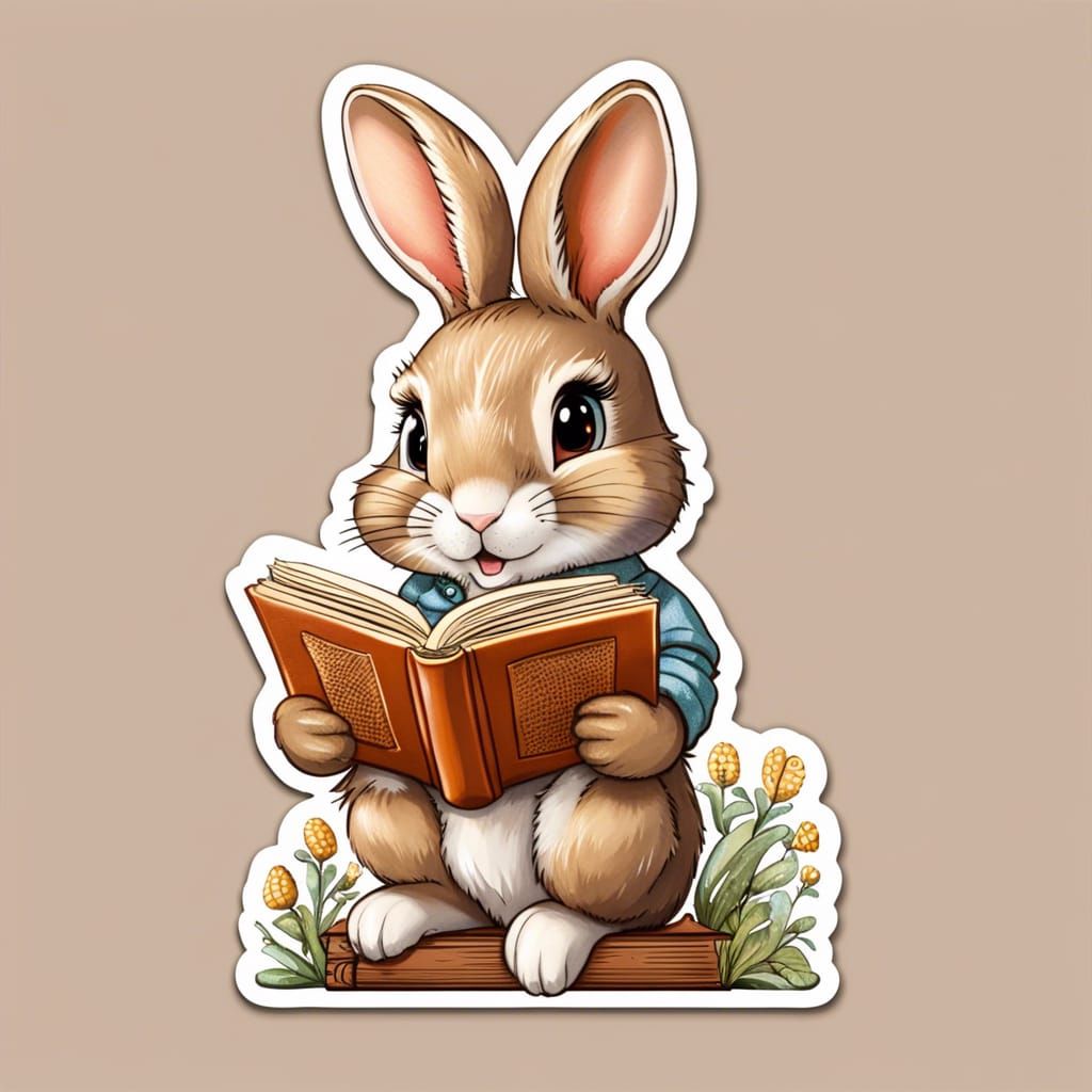Cute Rabbit Reading Book Sticker Art