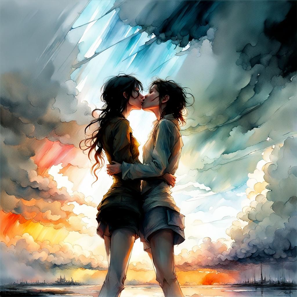 Passionate Kiss in Stormy Fantasy Landscape