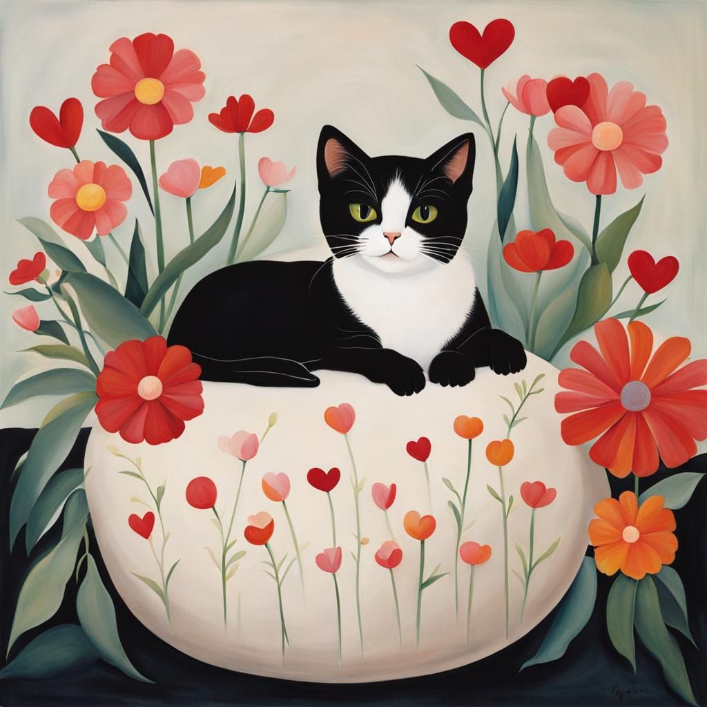 Cat Surrounded by Flowers in Modernist Style