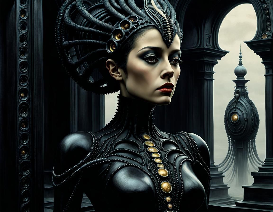 alien lady in black bodycast dress