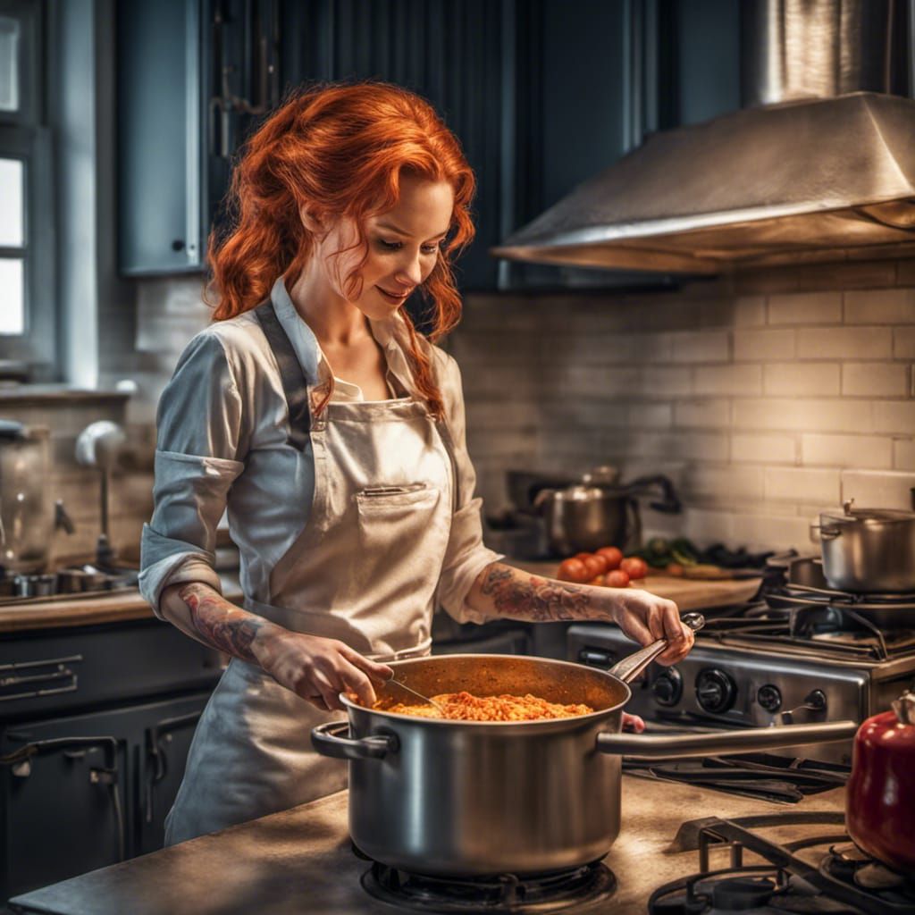 Hyperrealistic Redhead Chef Pin-Up in Kitchen