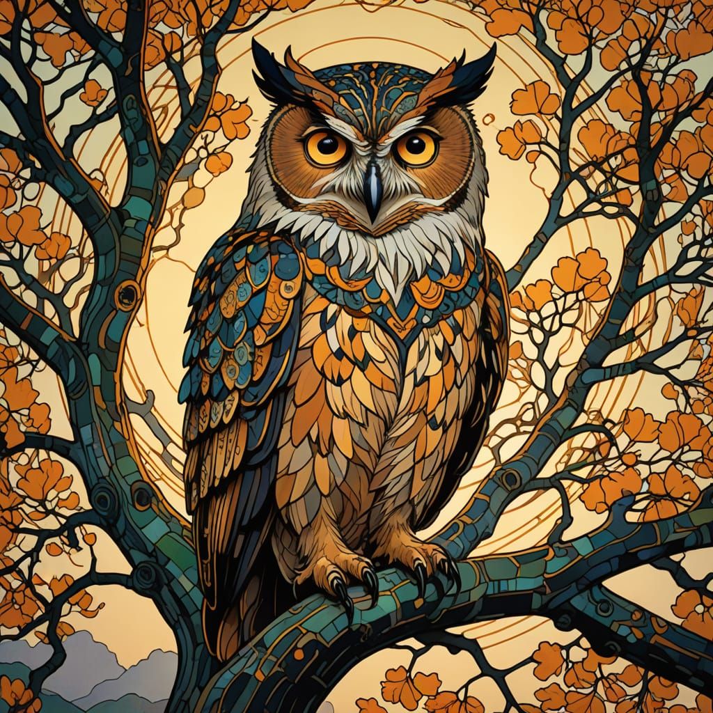 Wise Owl in Art Nouveau Style