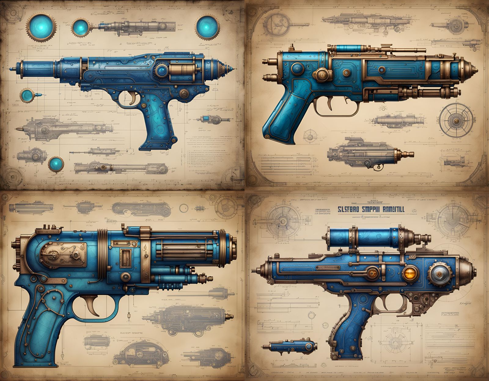 Steampunk Laser Pistol Blueprint, Retro Art Deco Design