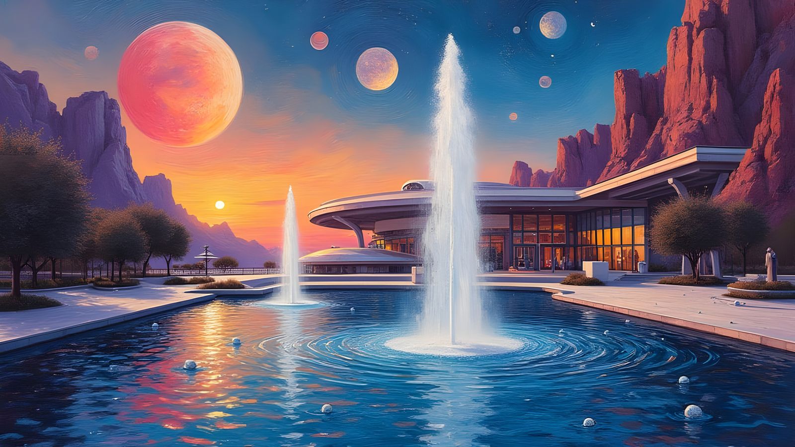 Abstract Brutalist Fountain on Alien Planet in Expressionist...