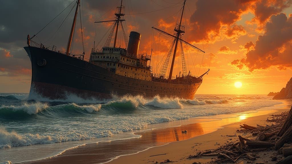 Wrecked Ship at Sunset: A Dramatic Maritime Scene