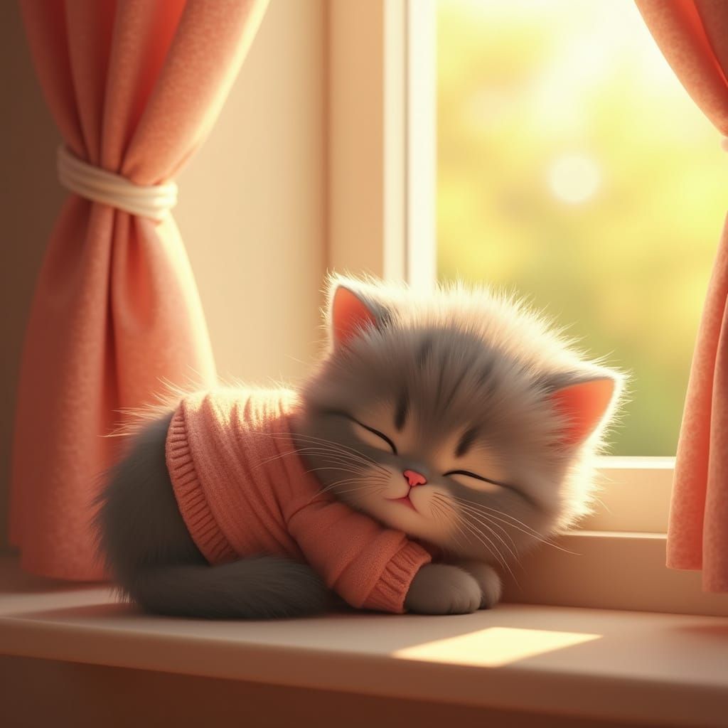 Grey Kitten Snoozing in Sunlight: Pixar-Inspired 3D Art