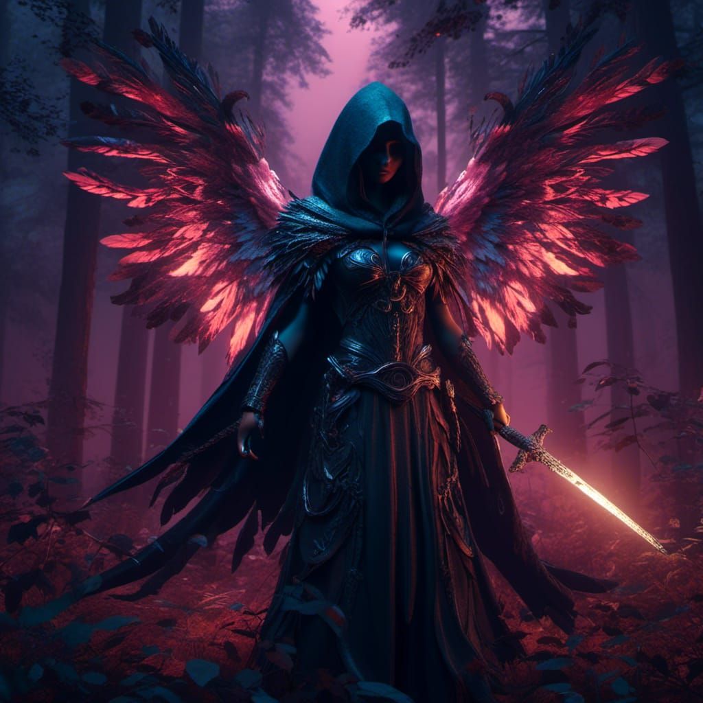Dark Angel in Forest, Detailed Matte Painting