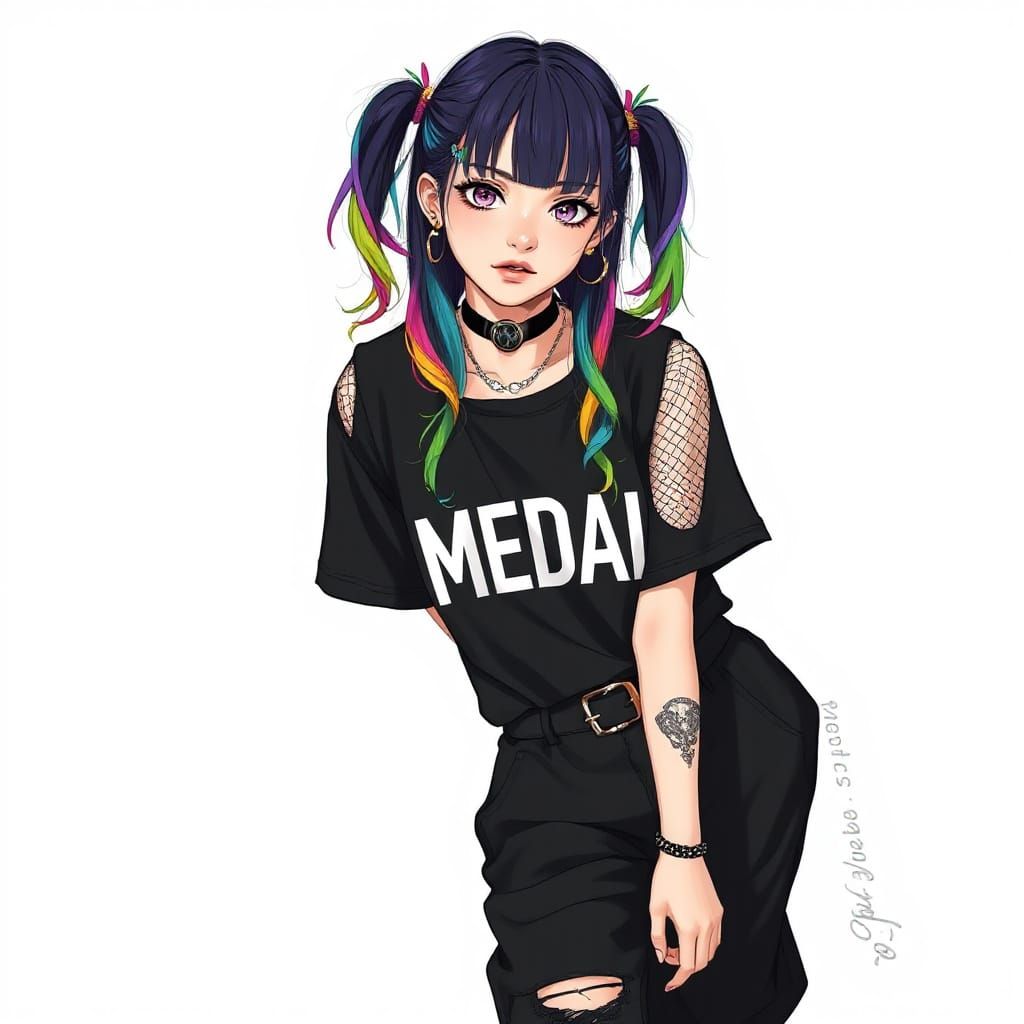 Emo-Inspired Portrait with Rainbow Hair and Fishnets