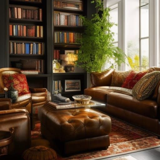 Cozy Living Room with Fireplace in Impressionistic Style