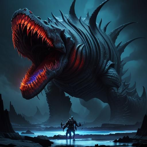 Bioluminescent Sea Serpent Attacks in Gritty Fantasy Art