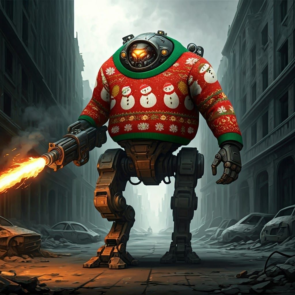 War Robot in Ugly Sweater Marches Through Ruined City
