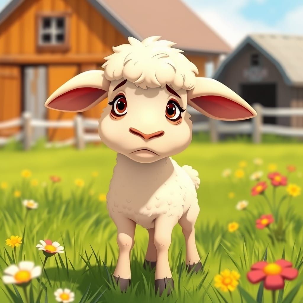 An overly exaggerated  caracuture of a nervous lamb on a far...