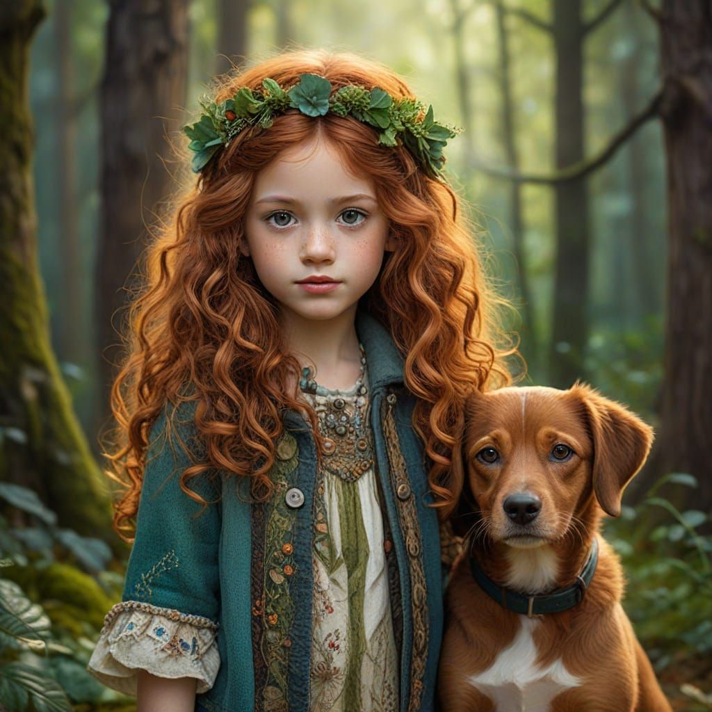 Boho Girl and Dog in Enchanting Forest