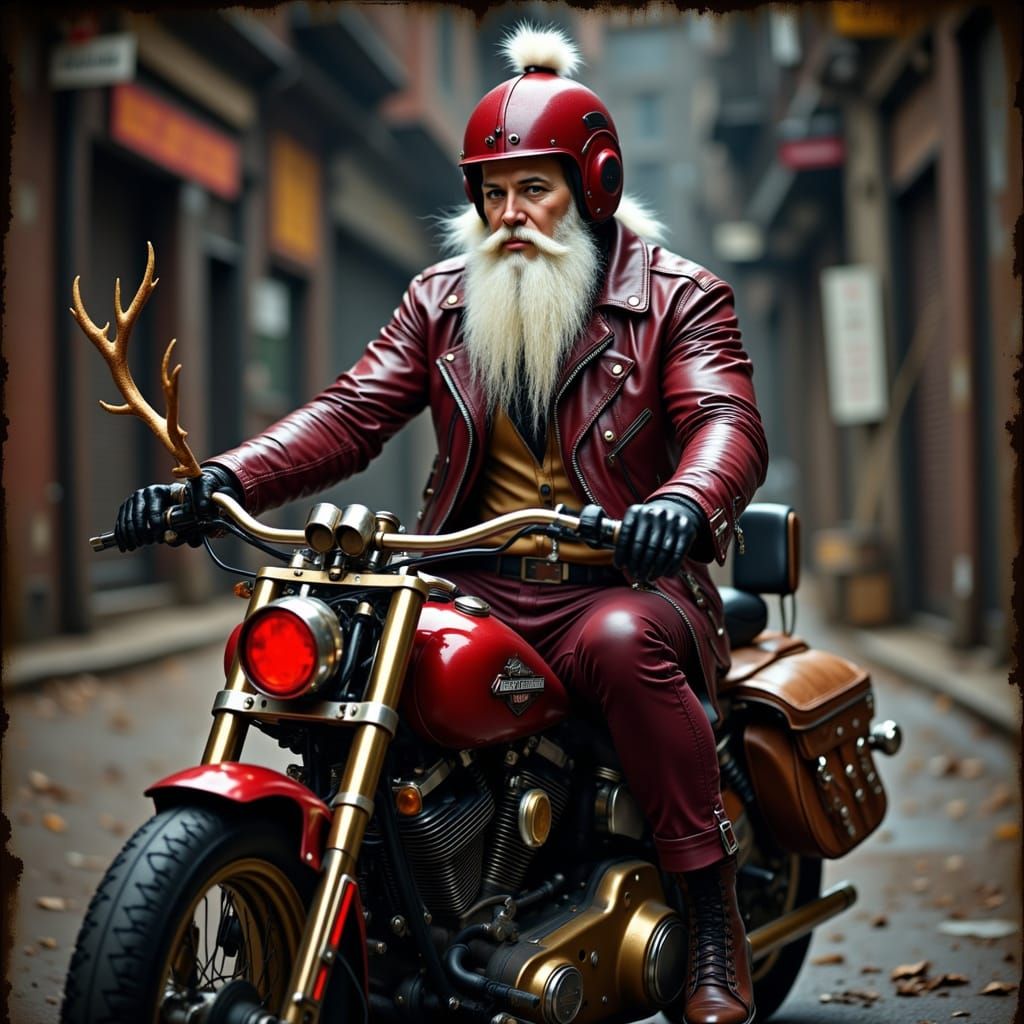 Steampunk grunge Santa dressed in burgundy leather suit, a w...
