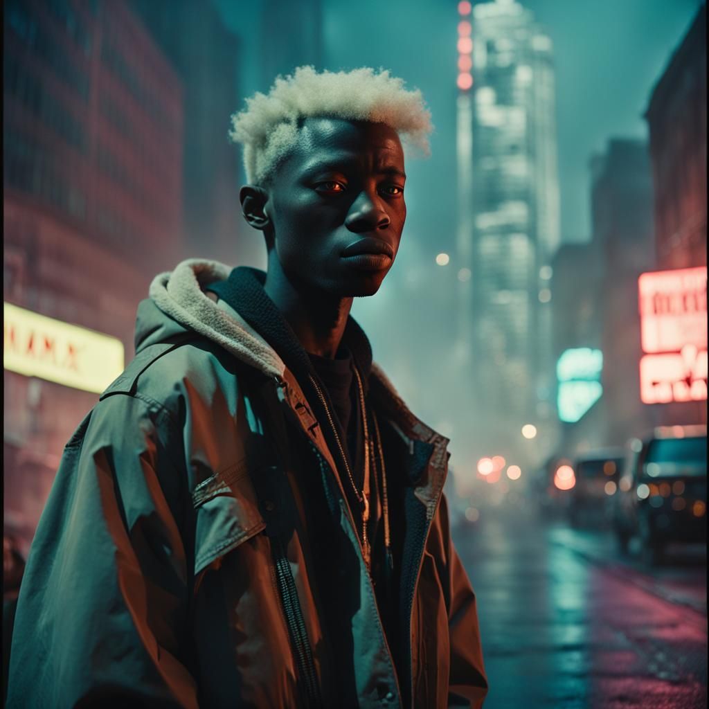 Cyberpunk Albino Boy Portrait in Dystopian City