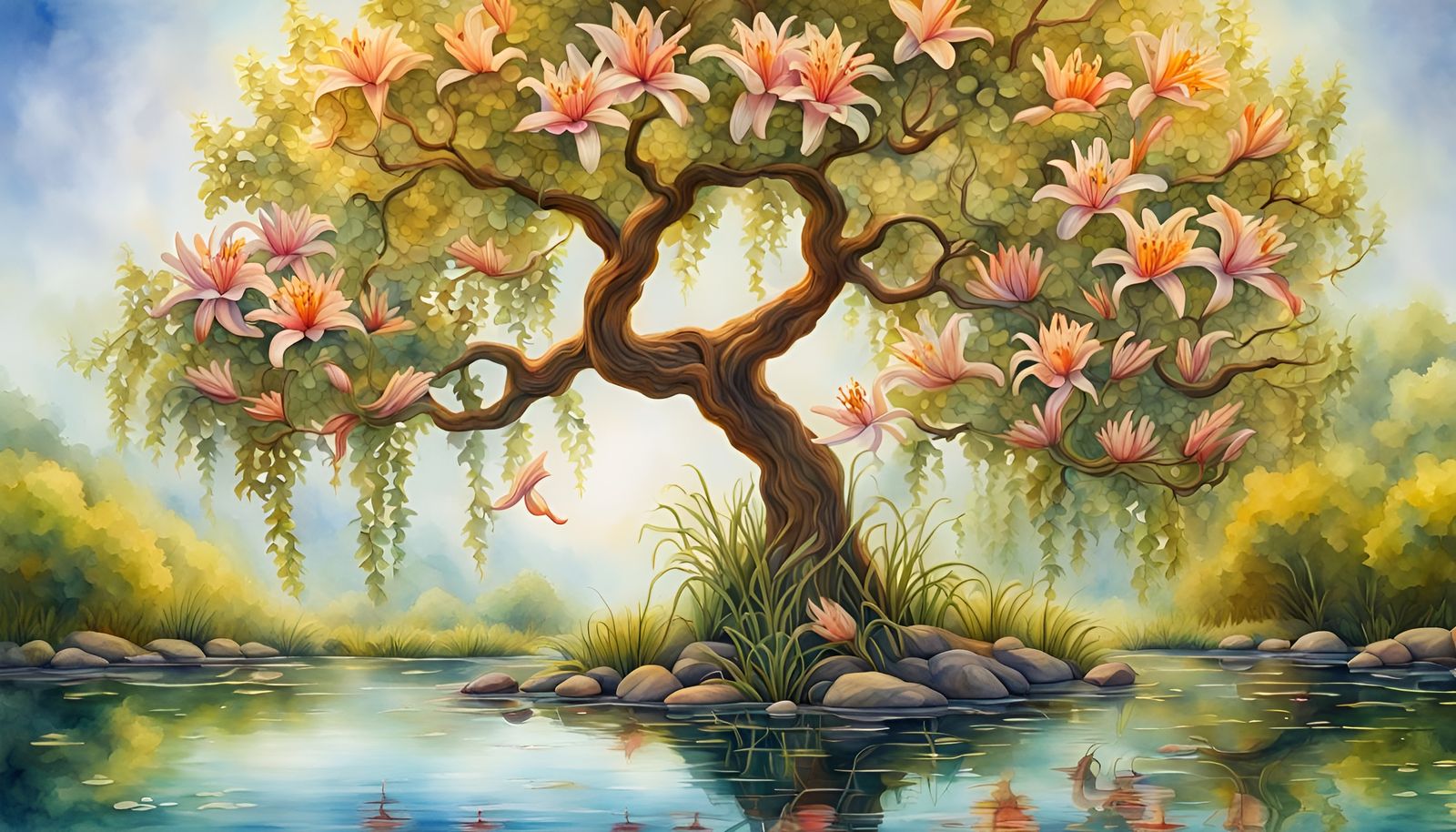 Hyperrealistic Tree of Life over Lily Pond