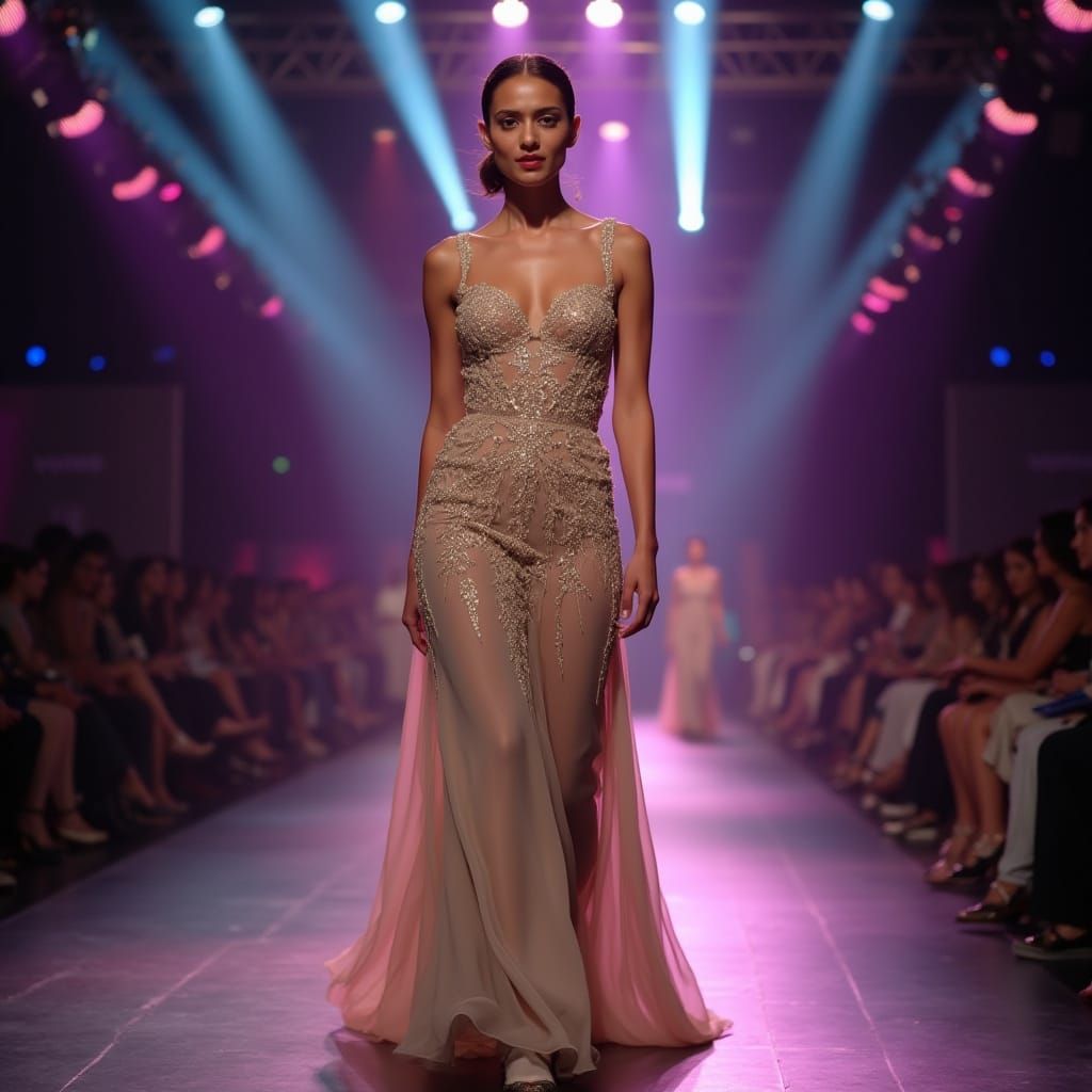 Elegant Catwalk Fashion Model in Vibrant Spotlight