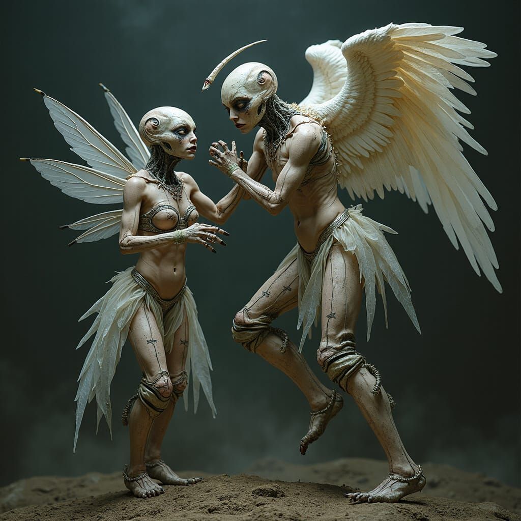 Grotesque Fairies Clash with Angel in Biomechanical Style