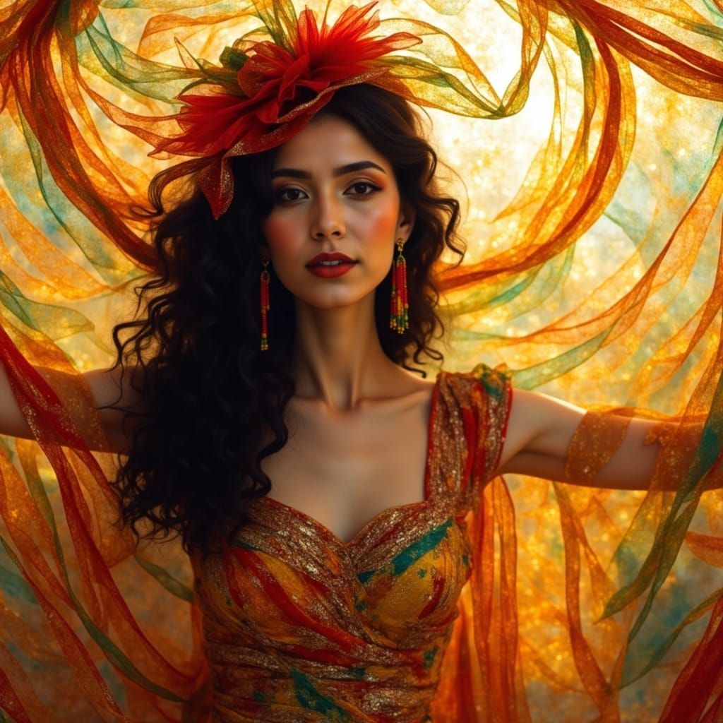 Mexican Woman in Golden Sun, Art Nouveau Style