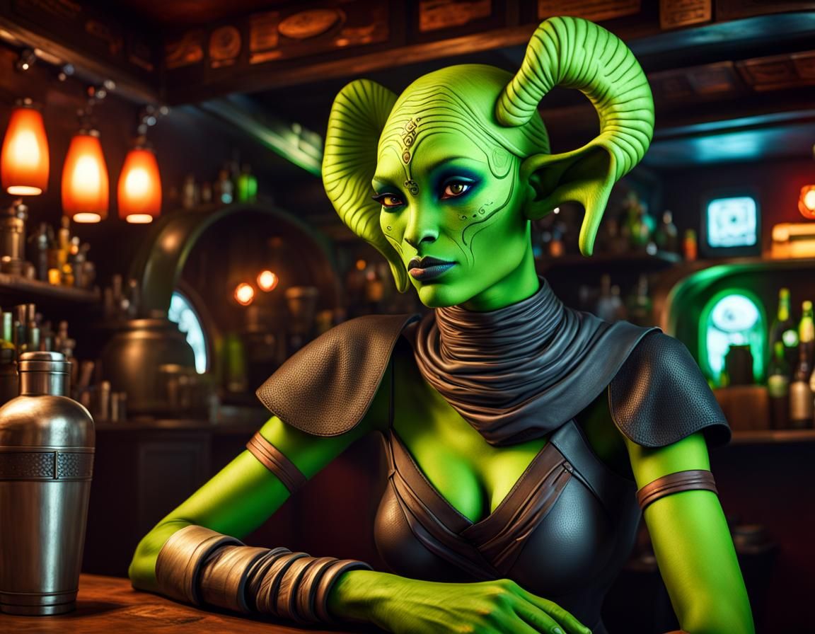 Green-skinned Twi'lek Barmaid in Cantina