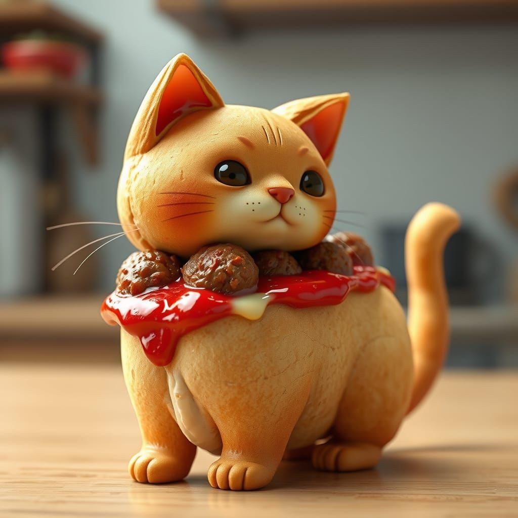 Cute Meatball Sub Sandwich Cat in 3D Anime Style