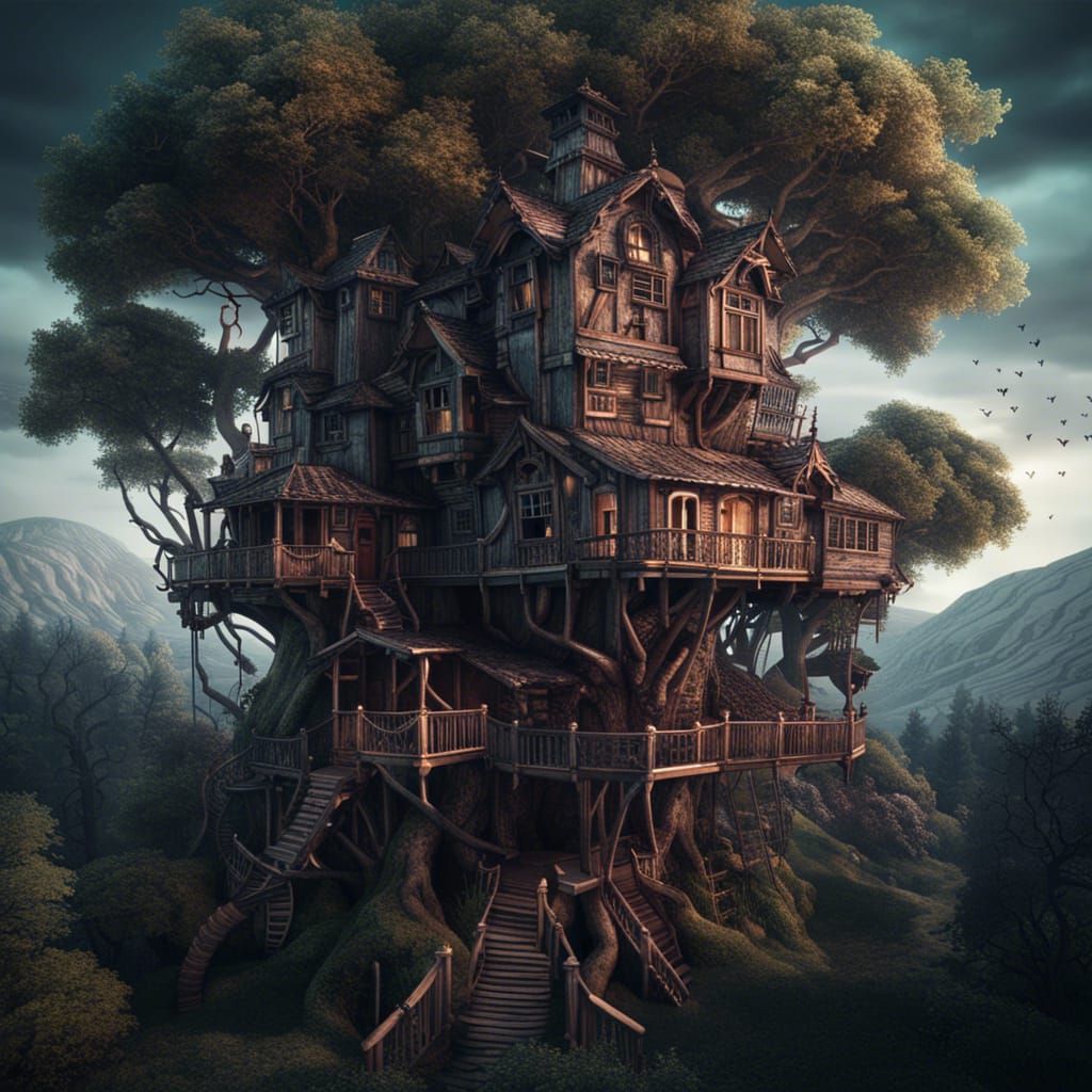 Eerie Treehouse Mansion in Dark Maximalist Style