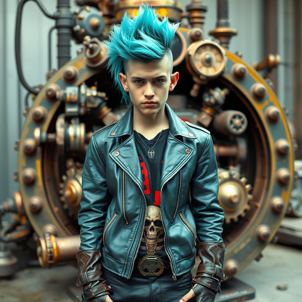 Steampunk Punk with Turquoise Mohawk and Steampunk Engine