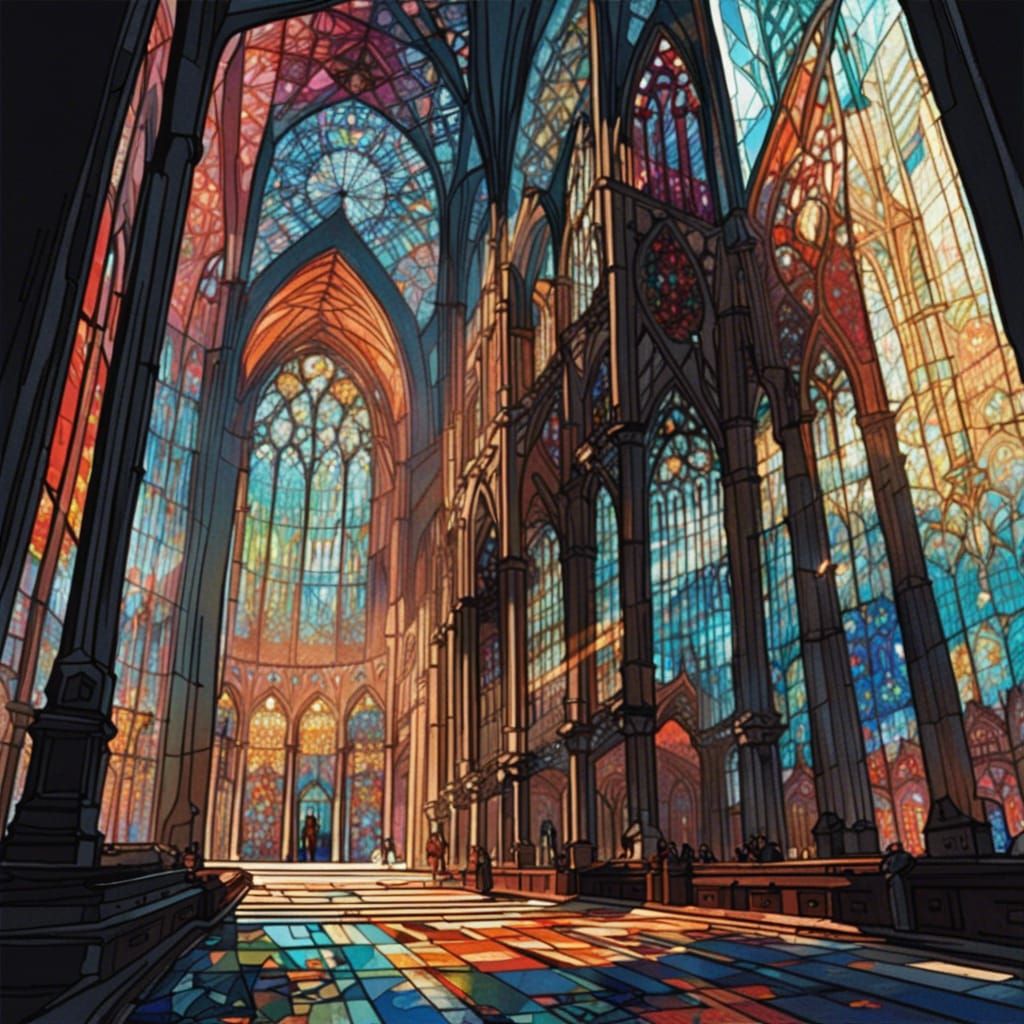 Modern Gothic Cathedral with Colorful Stained Glass