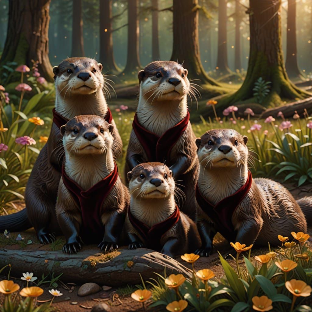 Otter Family Picnic in Whimsical Forest