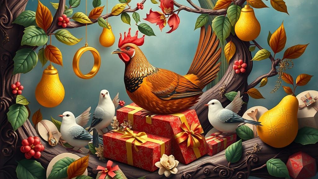 Vibrant Cubist Celebration of Christmas Gifts with Golden Ri...