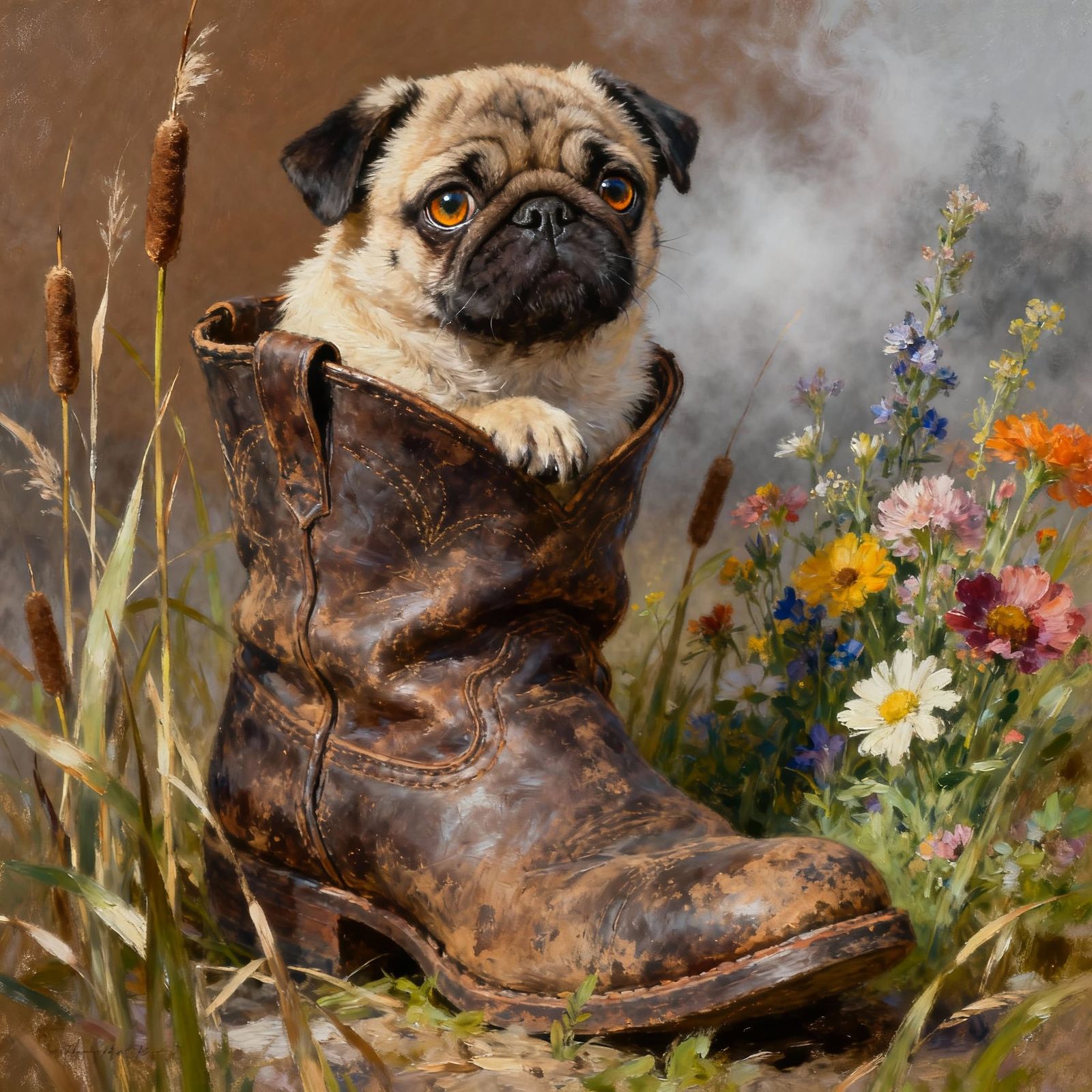 Curious Pug Peeking From Boot Oil Painting