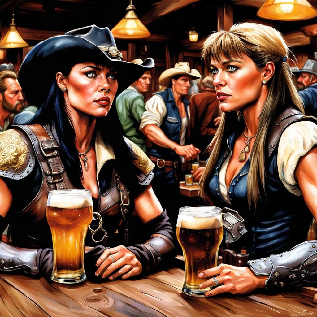 Xena and Gabrielle as Cowgirls in Photorealistic Tavern