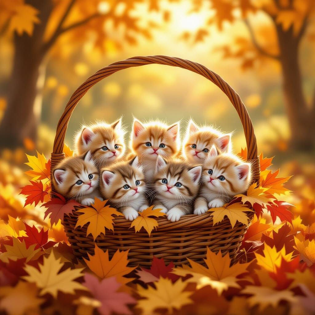 Fluffy Kittens Play in Autumn Leaves