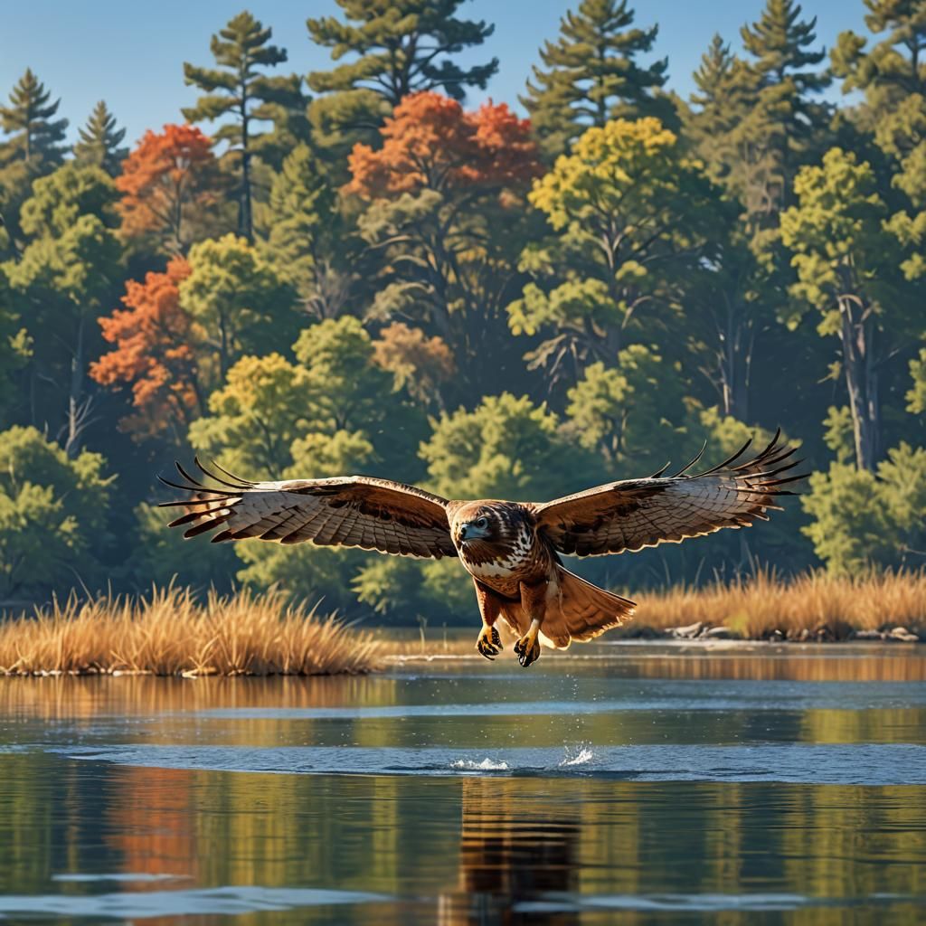 Red-Tailed Hawk Soaring Over Lake: Hyper-Realistic Digital A...