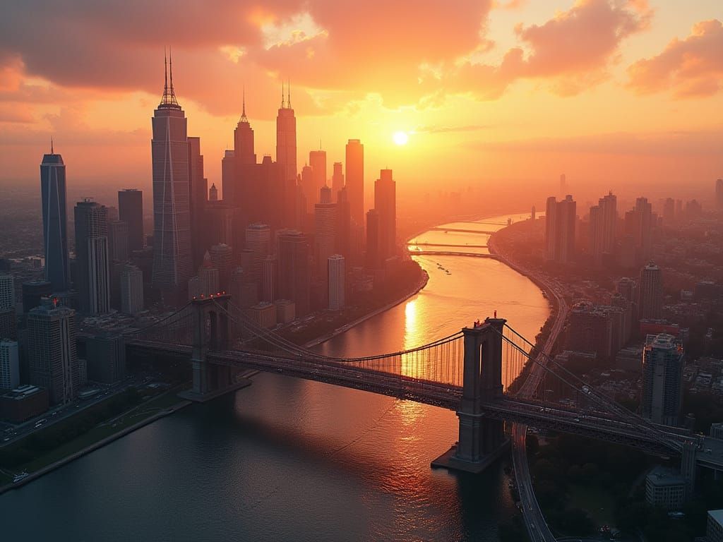 Vibrant Sunrise Cityscape with Majestic Bridges and Serene R...