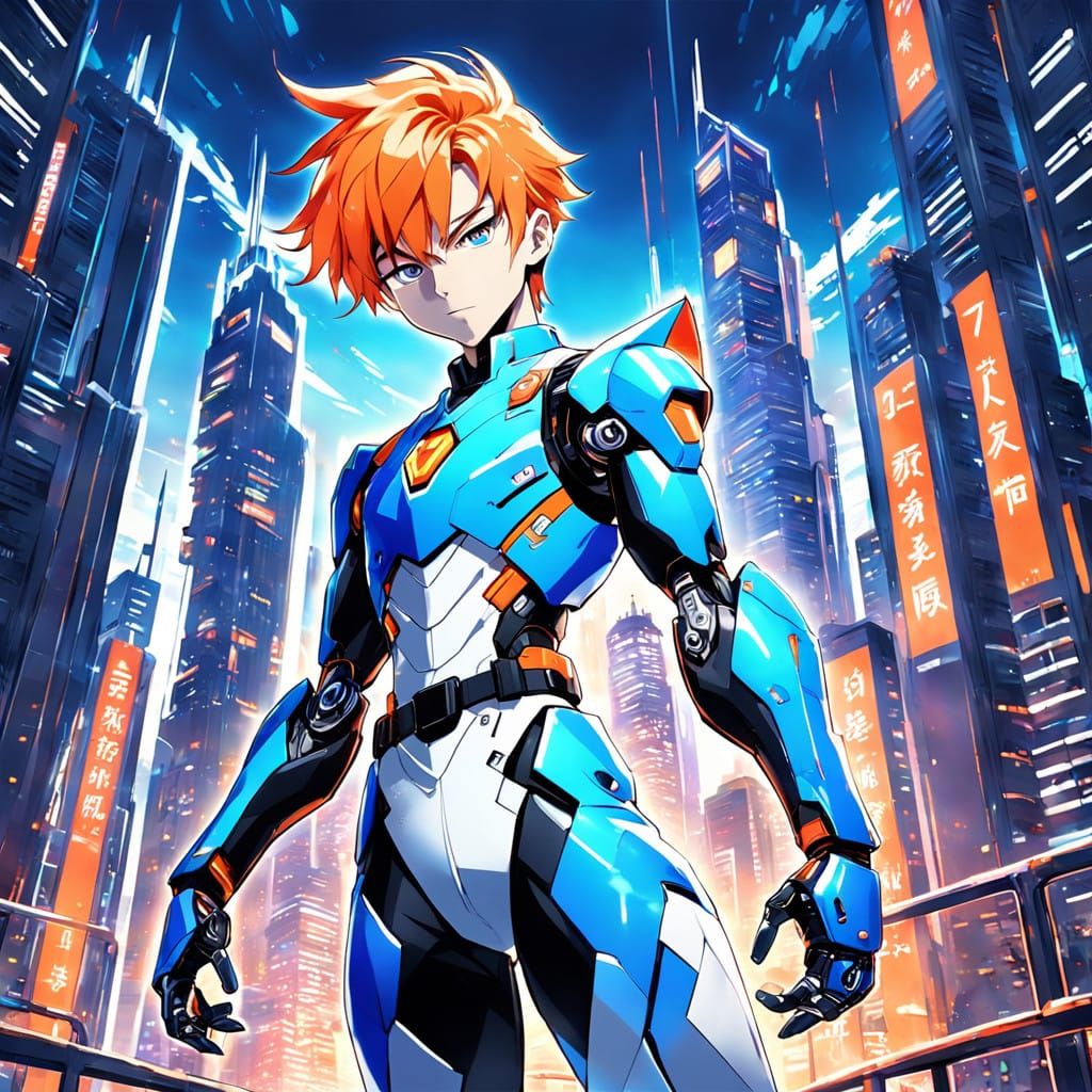Heroic Robot Boy in Neon Cityscape