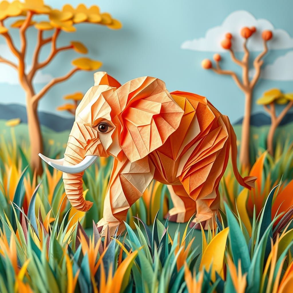 Delicate Paper Elephant in Savanna Landscape
