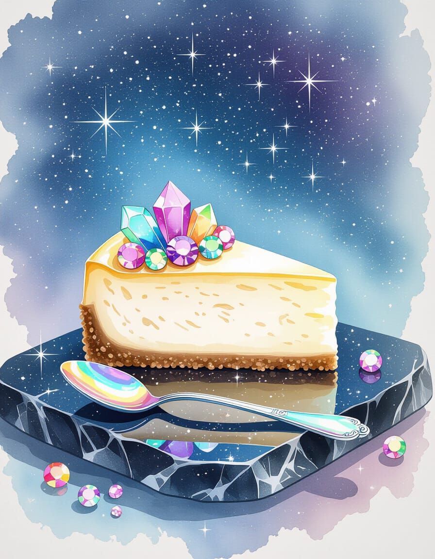 Decadent Gemstone Cheesecake on Obsidian, Enchanted Night Sk...