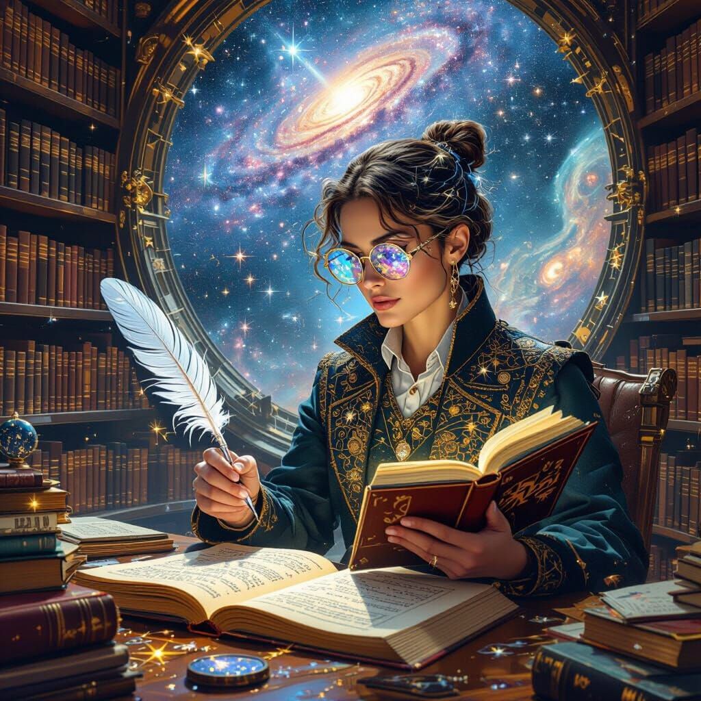 Cosmic Librarian Catalogs Constellations in Surreal Library