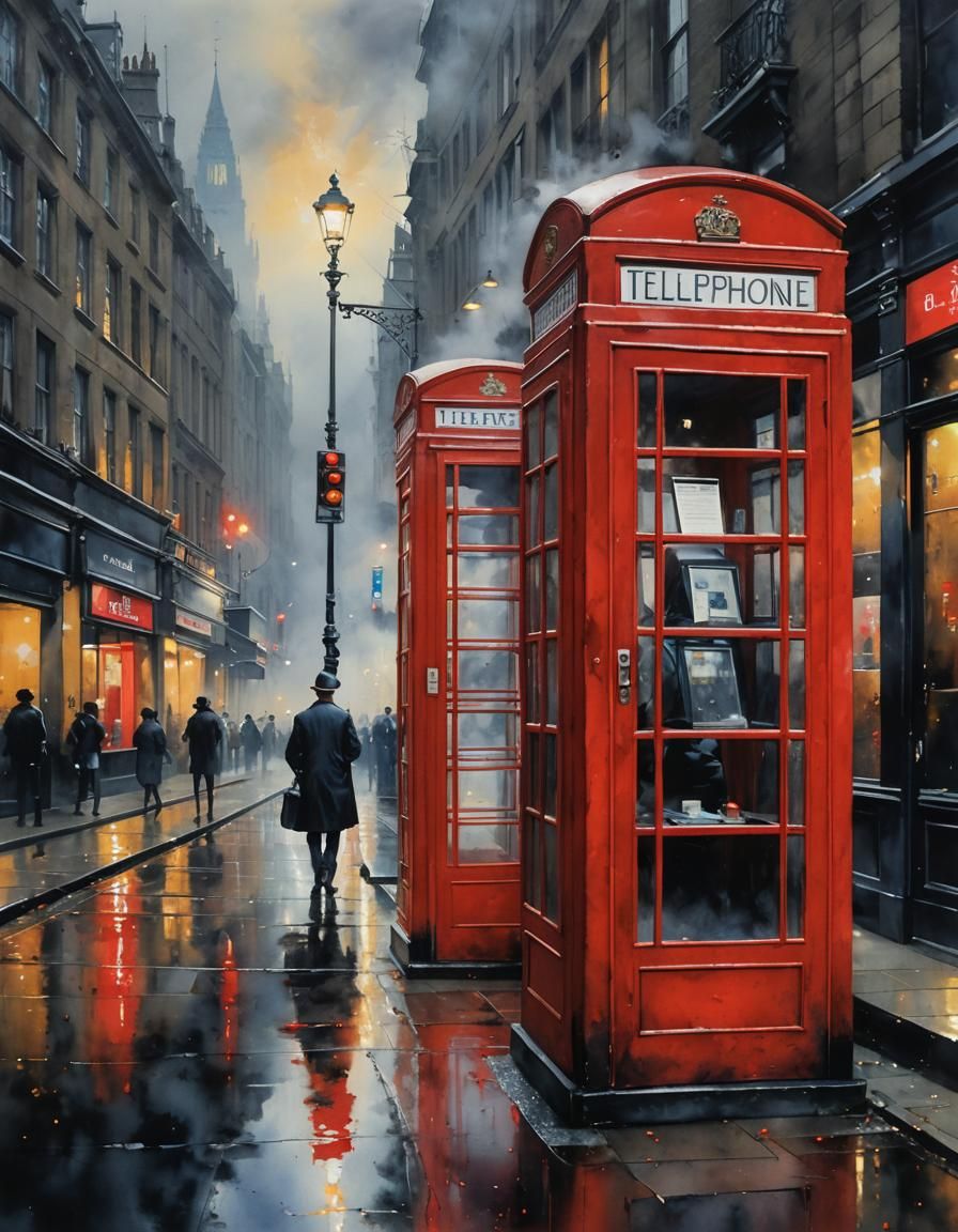 Watercolor of a Red Phone Booth in London