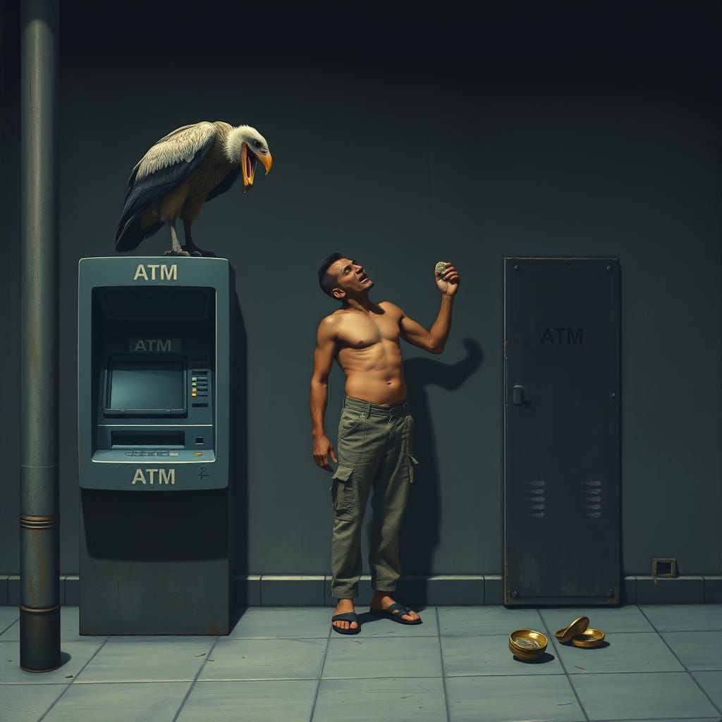 Vulture and Starving Man: Kafka-esque Surreal Scene