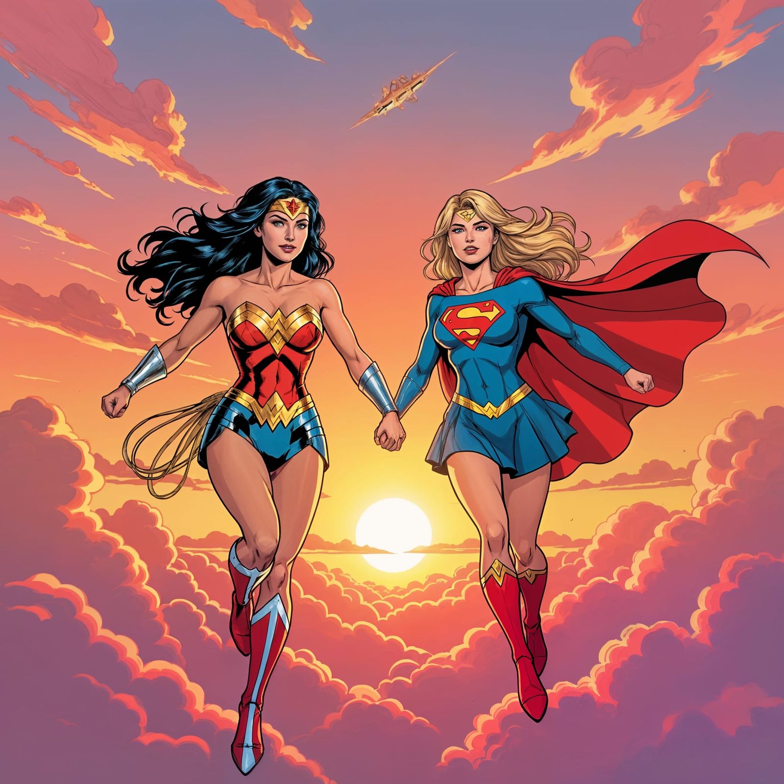 Wonder Woman and Supergirl Fly Above Sunset