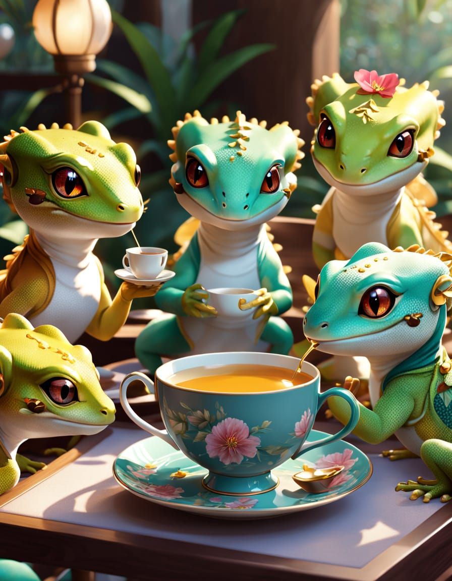 Geckos Tea Party in Japanese Kawaii Style