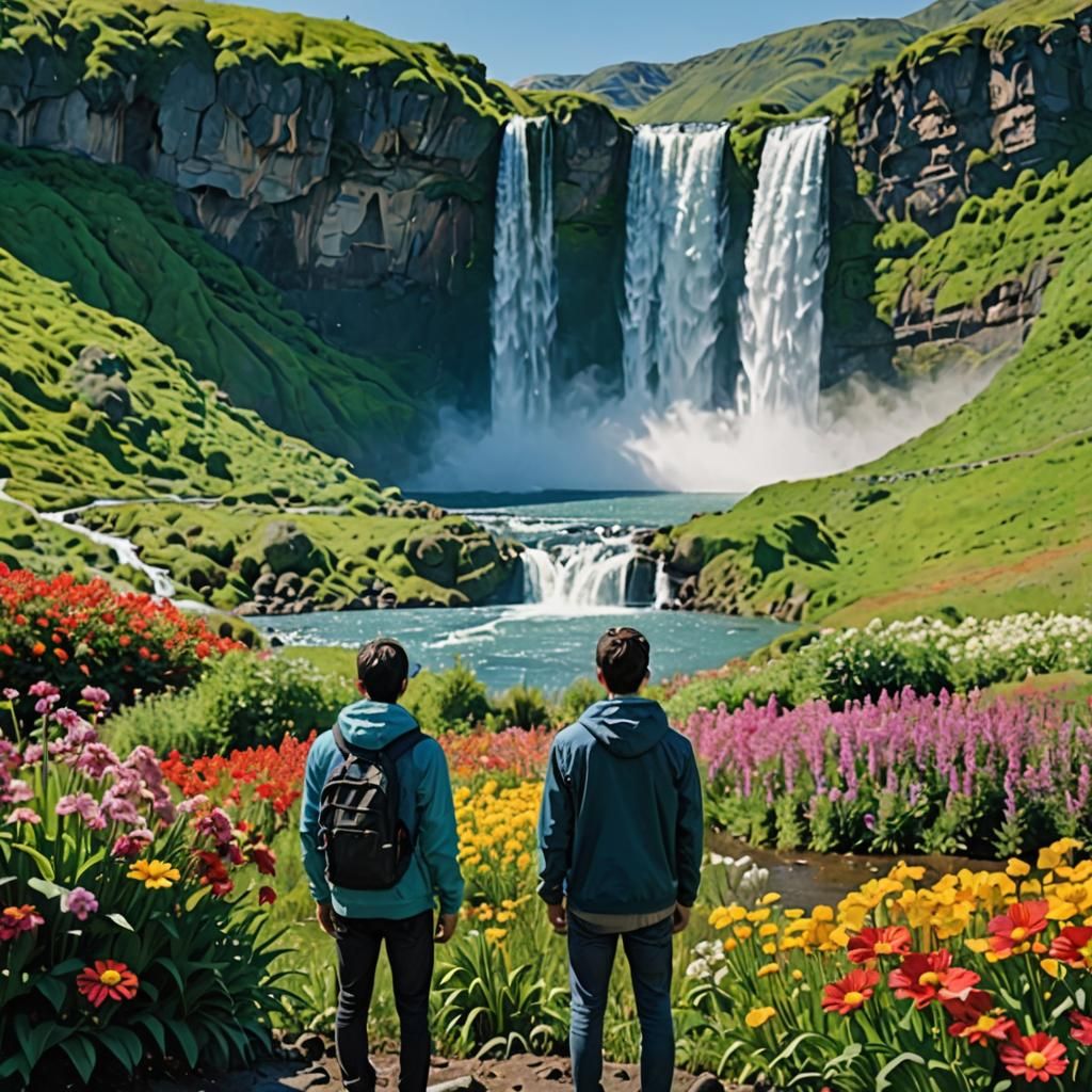 Scenic Waterfall with Lush Flower Field