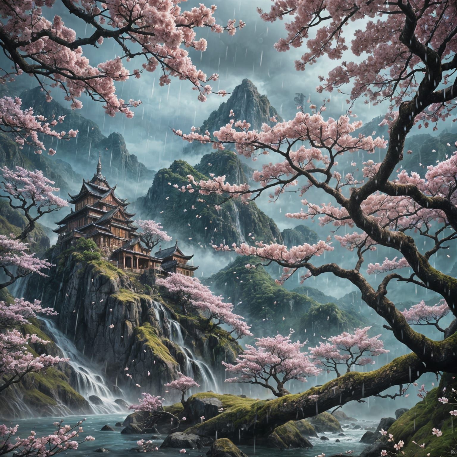 Cherry Blossoms in Rain: Detailed Matte Painting