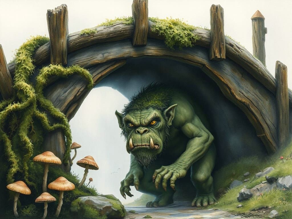Moss-Covered Troll Lurking Under Bridge in Watercolor